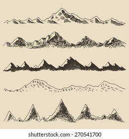 Mountains set, engraving vector illustration, hand drawn design elements, sketch