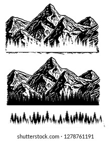 Mountains set. Hand drawn rocky peaks. Vector illustration.  Mountains and coniferous forest.