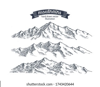 Mountains set. Hand drawn rocky peaks. Illustration drawn in vintage style vector format.