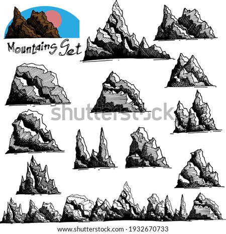Mountains set. Hand drawn rocky peaks. Black drawn mountains on a white background. Mountain Shapes For Logos