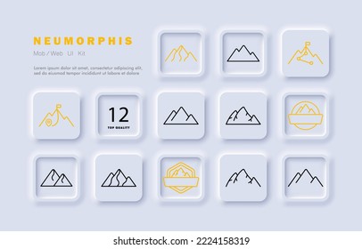 Mountains set icon. Landform, landscape, path, mountain range, peak, top, achievement, flag, goal, reach, career path, location pointer, hike, tourism, ecology. Nature concept. Neomorphism style