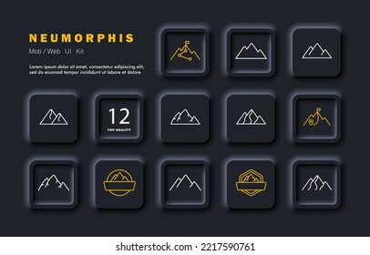 Mountains set icon. Top, achievement, flag, destination, route, location pointer, terrain, hiking, highlands. Business concept. Neomorphism style. Vector line icon for Business and Advertising.