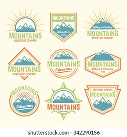 Mountains set of isolated vector colored vintage badges, labels, emblems and logos, hiking and climbing, travel and mountain camping 