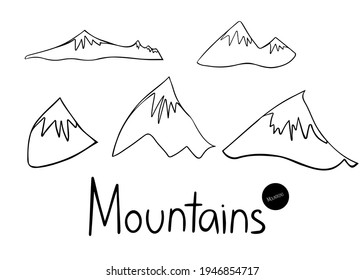 Mountains set line art vector. Snow-capped mountain peaks, doodle. Black and white hill illustration with lettering. Norway natural landscape outline.