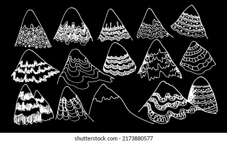 mountains are a set with a textural pattern of lines and dots. hand - drawn mountains in the style of doodles with an isolated black outline with an ornament on white . hand-drawn hills in sketch styl