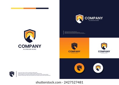 Mountains and shield, logo design vector template.