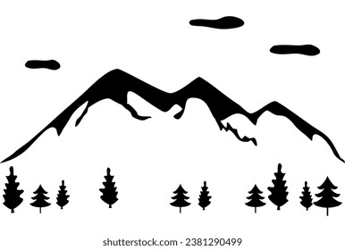 Mountains silhouette black and white icon, rocky peaks or mountains ranges vector