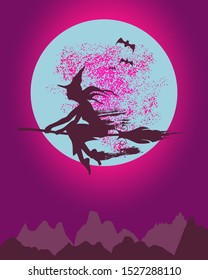 Mountains silhouette. Halloween illustration. Outdoor icon of the mountain tops. Flying witch silhouette.