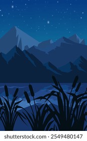 Mountains Silhouette Illustration in Deep Blue Color