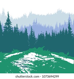 Mountains silhouette landscape panorama with coniferous vector background