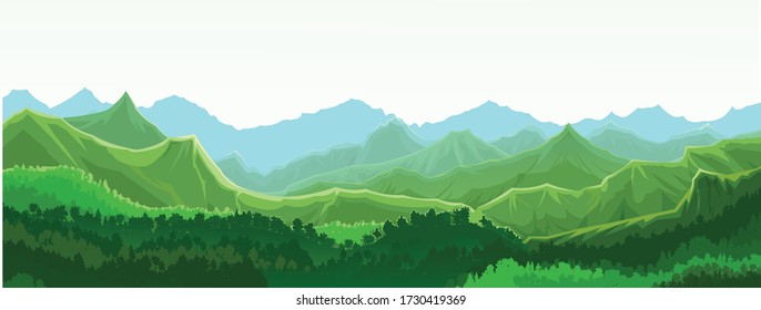 Mountains silhouette landscape vector. Mount range Scenery. Skyline panorama. Horizon. Deciduous forest, green trees. Art. Beautiful view.