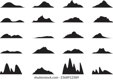 Mountains silhouette. Mountain peak, hills tops, berg and mountain valley silhouette, Tibet or Alps mountains sketch vector illustration set. Mountain hill silhouette, landscape nature terrain