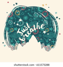 Mountains silhouette on starry background, "just breathe" poster for travels and camping, vector illustration