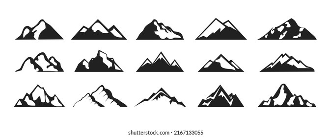 Mountains silhouette set. Collection of minimalistic elements and icons for website. peaks and landscape. Travel, trip and adventure. Cartoon flat vector illustrations isolated on white background