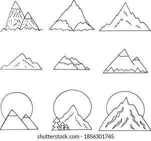 mountains silhouette. set icon, card, poster, sticker. sketch hand drawn doodle. vector monochrome minimalism. nature, landscape.