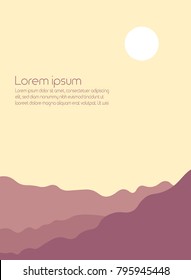 Mountains silhouette with sun during sunset template with place for text. Vector illustration