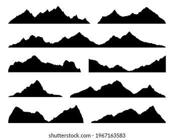 Mountains silhouettes black. Skyline ranges, high mountain hike landscape, alpine peaks. Extreme hiking nature border. Horizontal panorama template, decor elements vector isolated set