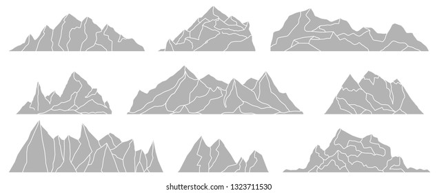 Mountains silhouettes isolated on the white background. Panoramas of rocks. Vector set for landscape design.