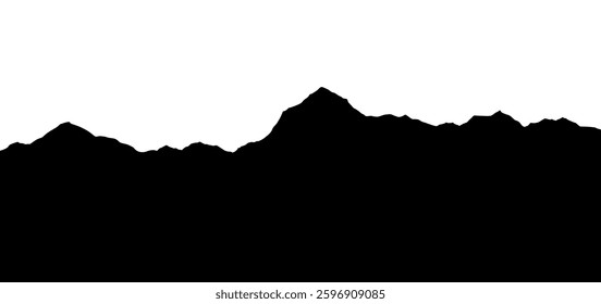 Mountains silhouettes landscape background. Rocky panorama with mountains skyline and pine tree forest. Scenery with slopes, vector cartoon illustration