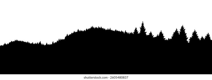 Mountains silhouettes landscape background. Rocky panorama with mountains skyline and pine tree forest. Scenery with slopes, vector cartoon illustration