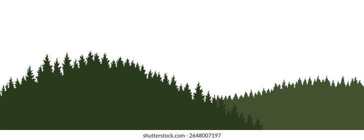 Mountains silhouettes landscape background. Rocky panorama with mountains skyline and pine tree forest. Scenery with slopes, vector cartoon illustration