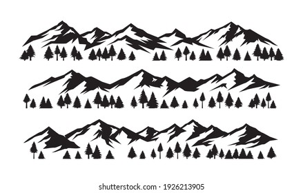 Mountains silhouettes on isolated background. set of hand drawn landscape mountain with silhouette pine trees. - Vector