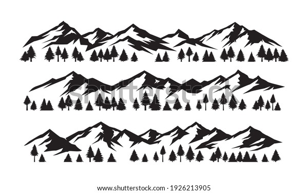 Mountains\
silhouettes on isolated background. set of hand drawn landscape\
mountain with silhouette pine trees. -\
Vector