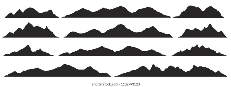 Mountains silhouettes on the white background. Wide semi-detailed panoramic silhouettes of highlands, mountains and rocky landscapes. Isolated Row of Mountains in Vector Illustration.