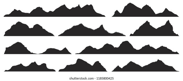 Mountains silhouettes on the white background. Wide semi-detailed panoramic silhouettes of highlands, mountains and rocky landscapes. Isolated Row of Mountains in Vector Illustration.