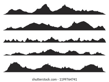 Mountains silhouettes on the white background. Wide semi-detailed panoramic silhouettes of highlands, mountains and rocky landscapes. Isolated Row of Mountains in Vector Illustration.