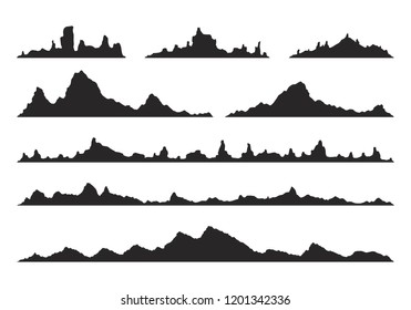 Mountains silhouettes on the white background. Wide semi-detailed panoramic silhouettes of highlands, mountains and rocky landscapes. Isolated Row of Mountains in Vector Illustration.