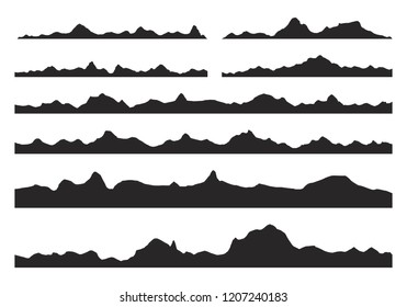 Mountains silhouettes on the white background. Wide semi-detailed panoramic silhouettes of highlands, mountains and rocky landscapes. Isolated Row of Mountains in Vector Illustration.