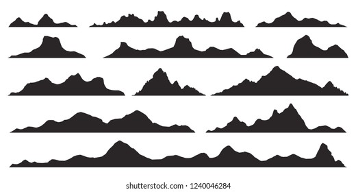 Mountains silhouettes on the white background. Wide semi-detailed panoramic silhouettes of highlands, mountains and rocky landscapes. Isolated Row of Mountains in Vector Illustration.