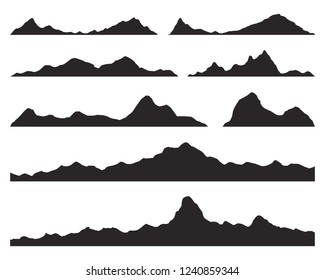 Mountains silhouettes on the white background. Wide semi-detailed panoramic silhouettes of highlands, mountains and rocky landscapes. Isolated Row of Mountains in Vector Illustration.