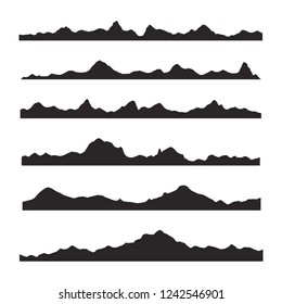 Mountains silhouettes on the white background. Wide semi-detailed panoramic silhouettes of highlands, mountains and rocky landscapes. Isolated Row of Mountains in Vector Illustration.