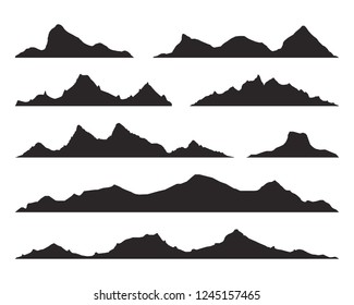 Mountains silhouettes on the white background. Wide semi-detailed panoramic silhouettes of highlands, mountains and rocky landscapes. Isolated Row of Mountains in Vector Illustration.