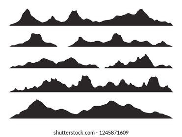 Mountains silhouettes on the white background. Wide semi-detailed panoramic silhouettes of highlands, mountains and rocky landscapes. Isolated Row of Mountains in Vector Illustration.