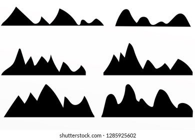 Mountains silhouettes on the white background. Wide semi-detailed panoramic silhouettes of highlands, mountains and rocky landscapes. Isolated Row of Mountains in Vector Illustration.