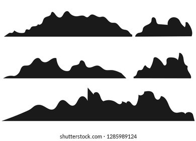 Mountains silhouettes on the white background. Wide semi-detailed panoramic silhouettes of highlands, mountains and rocky landscapes. Isolated Row of Mountains in Vector Illustration.