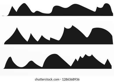 Mountains silhouettes on the white background. Wide semi-detailed panoramic silhouettes of highlands, mountains and rocky landscapes. Isolated Row of Mountains in Vector Illustration.