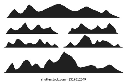 Mountains silhouettes on the white background. Set of elements landscape with silhouette mountain peaks. Hand drawn vector illustration.