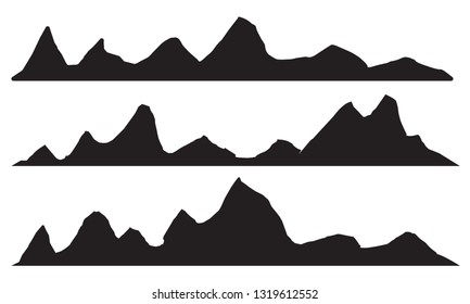 Mountains silhouettes on the white background. Set of elements landscape with silhouette mountain peaks. Hand drawn vector illustration.