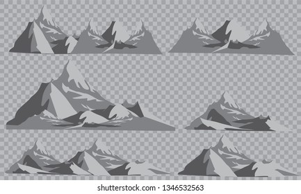 Mountains silhouettes on the white background. Vector set of outdoor design elements.