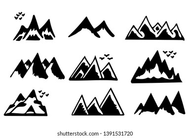 Mountains silhouettes on the white background. Vector set of outdoor design elements.