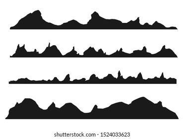 Mountains silhouettes on the white background. Wide semi-detailed panoramic silhouettes of highlands, mountains and rocky landscapes. Isolated Row of Mountains in Vector 