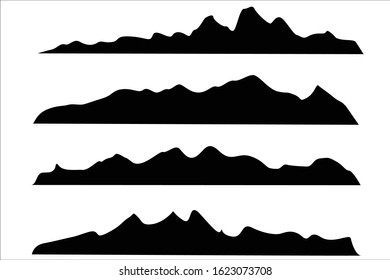 Mountains silhouettes on the white background. Wide semi-detailed panoramic silhouettes of highlands, mountains and rocky landscapes. Isolated Row of Mountains in Vector