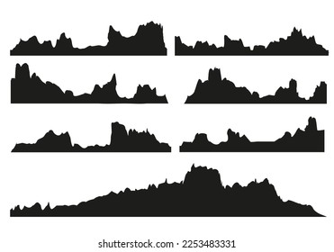 Mountains silhouettes on the white background. Wide semi-detailed panoramic silhouettes of highlands, mountains and rocky landscapes. Isolated Row of Mountains in Vector