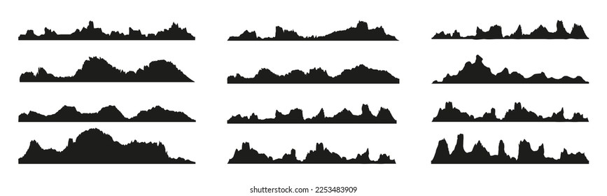 Berge Silhouetten auf weißem Hintergrund. Große, halbdetaillierte Panorama-Silhouetten aus Hochland, Bergen und Felslandschaften. Einzige Reihe von Bergen im Vektorgrafik