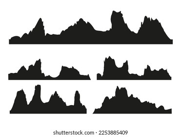 Mountains silhouettes on the white background. Wide semi-detailed panoramic silhouettes of highlands, mountains and rocky landscapes. Isolated Row of Mountains in Vector