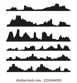 Mountains silhouettes on the white background. Wide semi-detailed panoramic silhouettes of highlands, mountains and rocky landscapes. Isolated Row of Mountains in Vector